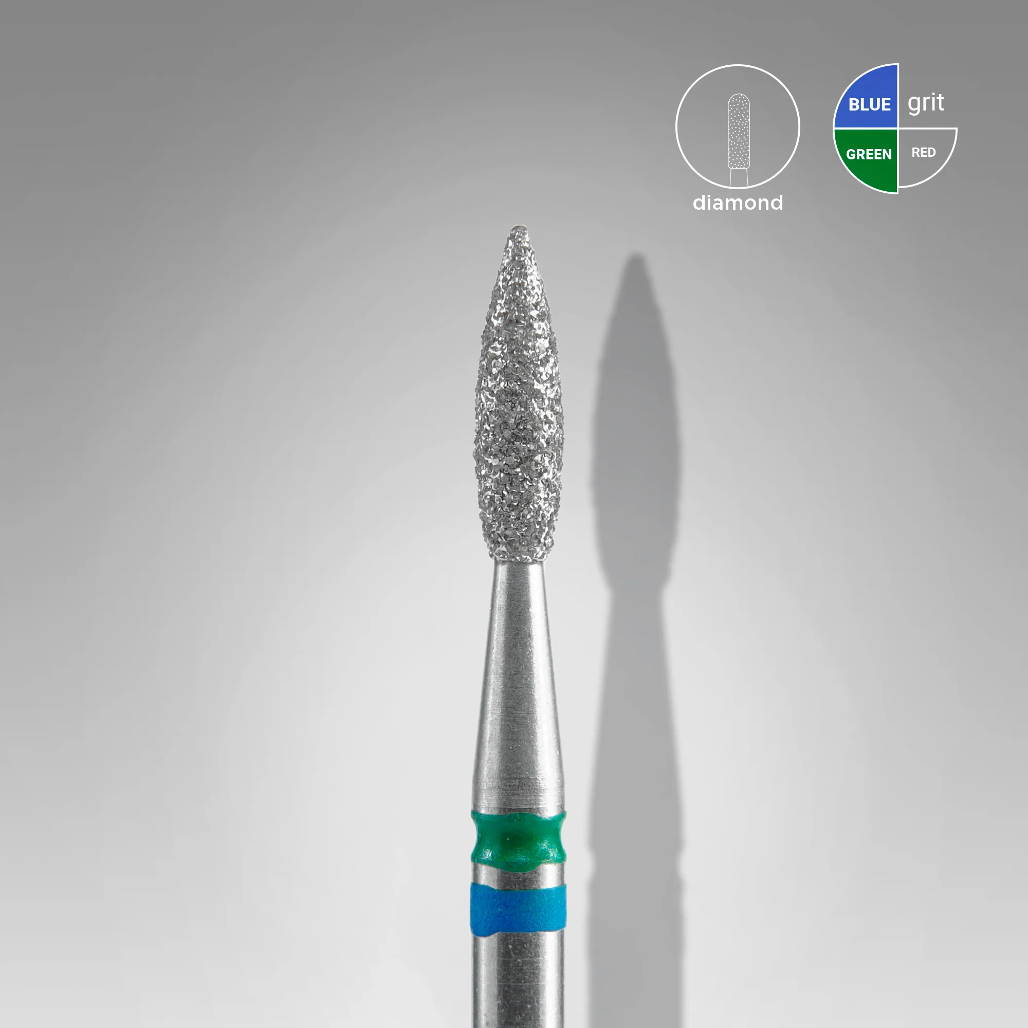 STALEKS EXPERT Diamond nail drill bit DUO pointed flame blue-green, head diameter 2,1 mm, working part 8 mm