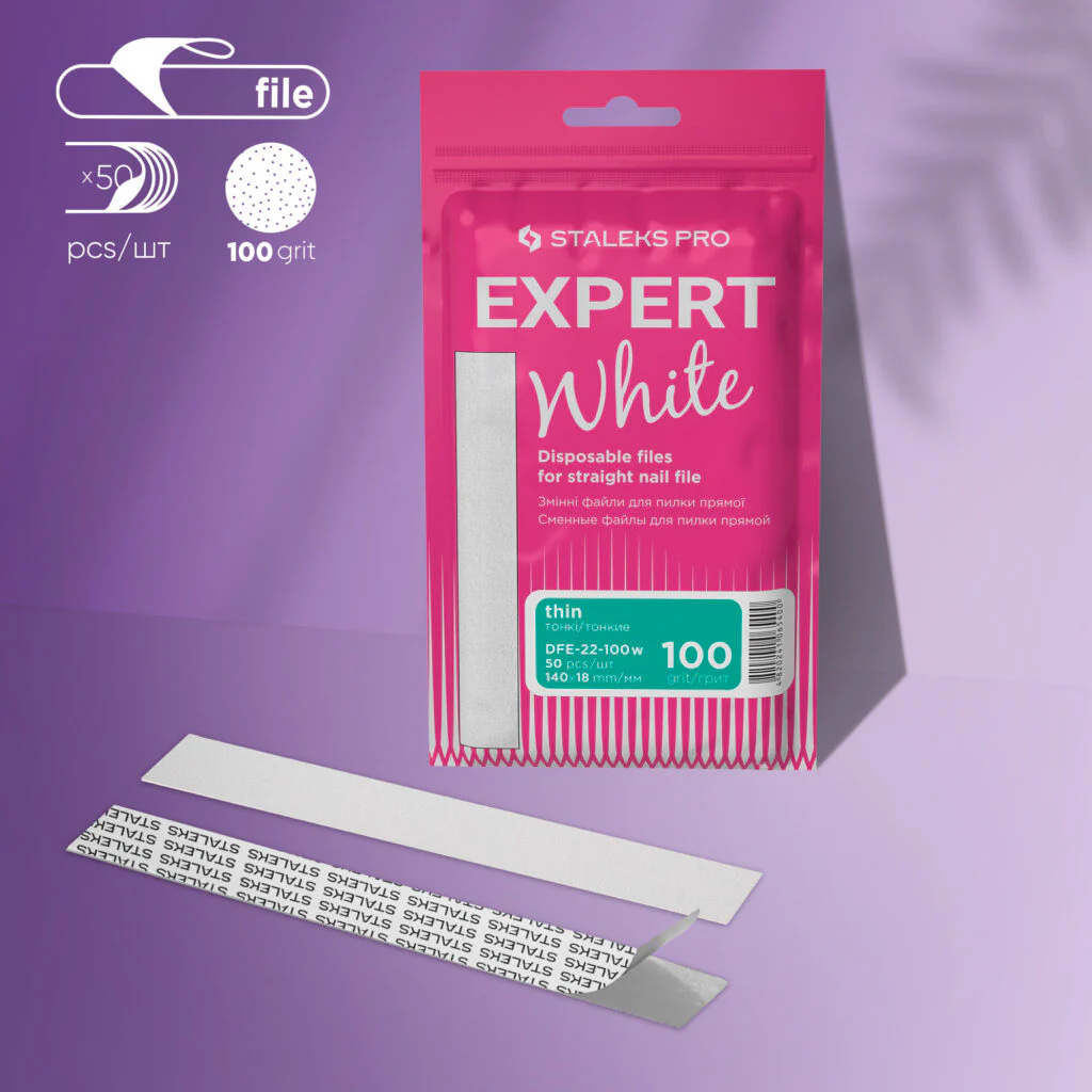 White disposable files for straight nail file Staleks Pro Expert 22, 100 grit (50 pcs)